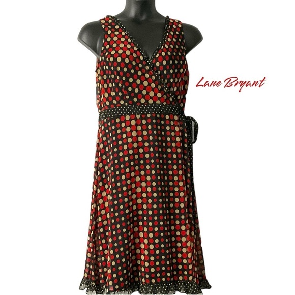 Lane Bryant Polka Dot Wrap Around Dress Sleeveless Red Black Tan Ruffle SZ 14 - Picture 1 of 6